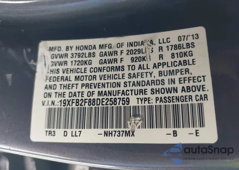 2013 Honda Civic Ex z USA, uszkodzony, nr VIN 19XFB2F88DE258759
